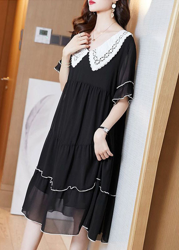 Oversized Lace Collar Short Sleeve Tiered Contrast Trim Knee Length Dress