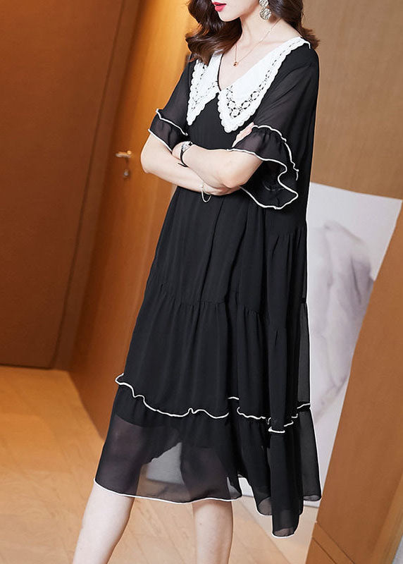 Oversized Lace Collar Short Sleeve Tiered Contrast Trim Knee Length Dress