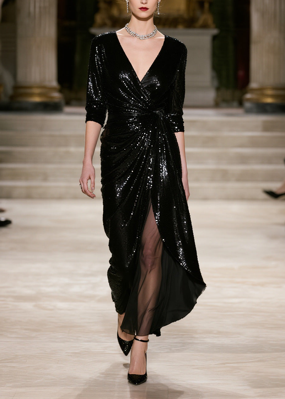Sequin Deep V-Neck Three Quarter Sleeve Wrap Knot High Split Maxi Gown