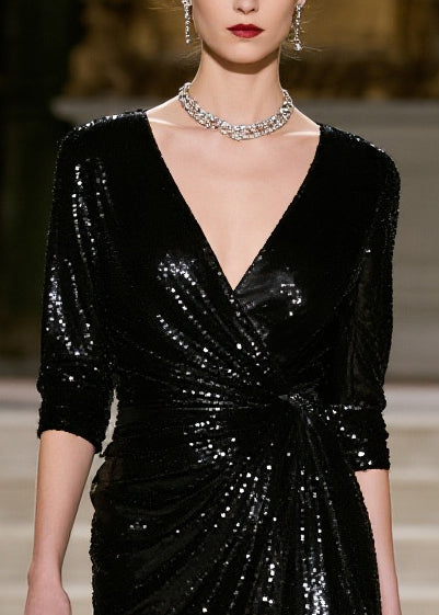 Sequin Deep V-Neck Three Quarter Sleeve Wrap Knot High Split Maxi Gown