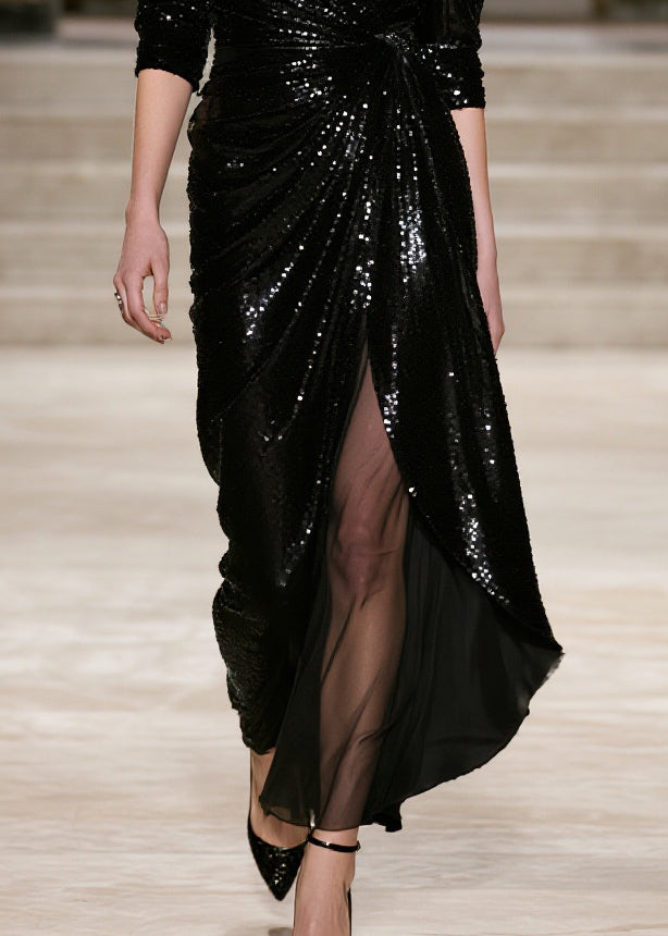 Sequin Deep V-Neck Three Quarter Sleeve Wrap Knot High Split Maxi Gown