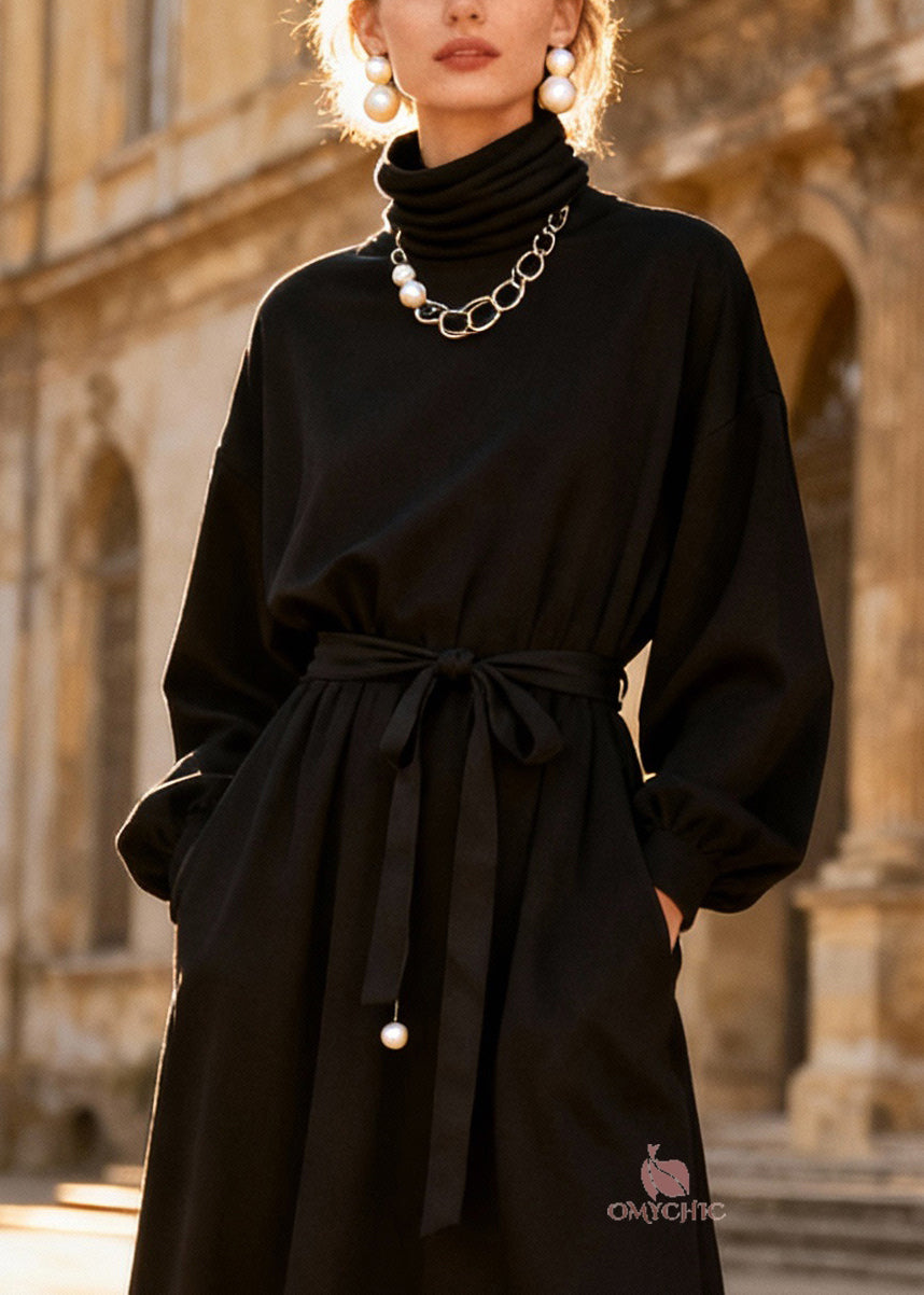 Turtleneck Bishop Sleeve Tie Waist Lace Trim Midi Dress - View 2