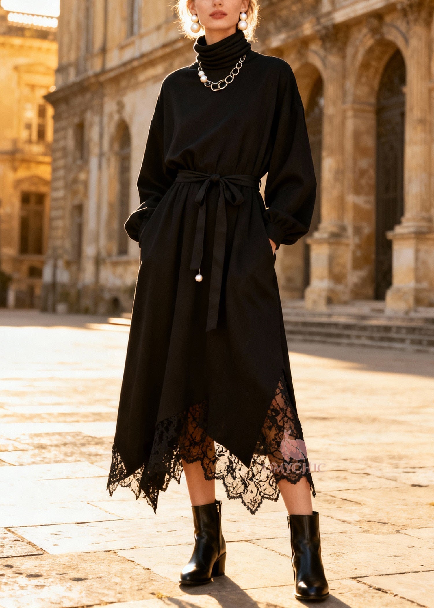 Turtleneck Bishop Sleeve Tie Waist Lace Trim Handkerchief Hem Midi Dress