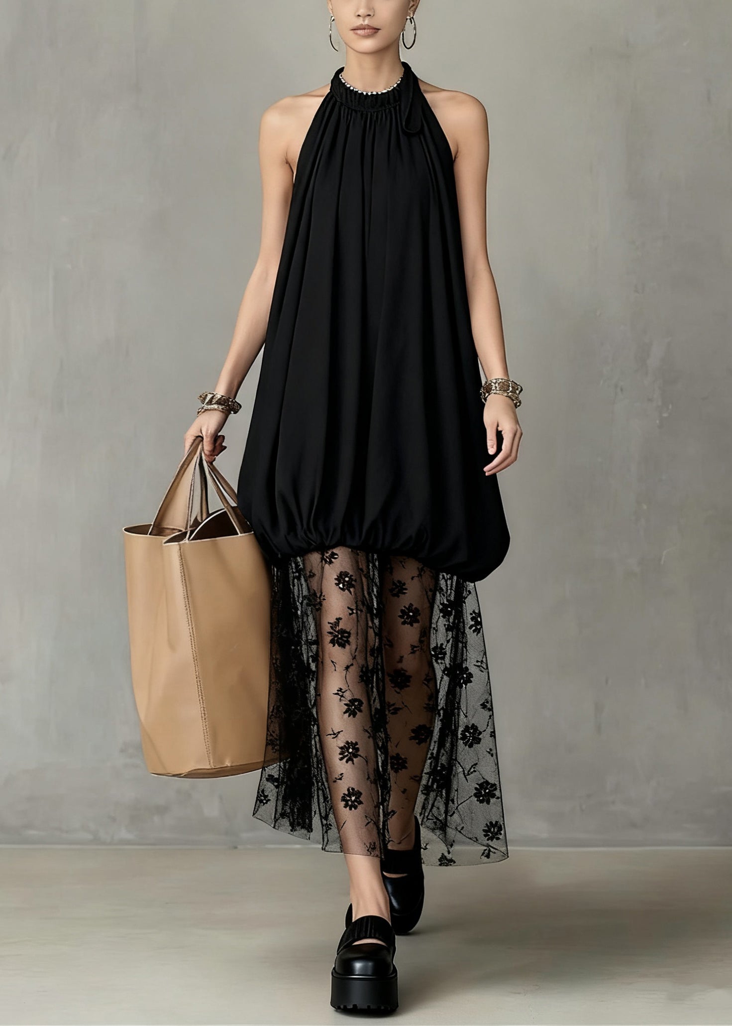 Halter Neck Bubble Bodice Floral Lace Mesh Overlay Maxi Dress