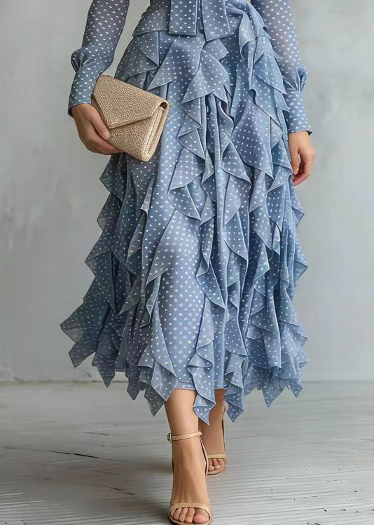 Polka Dot Bow Neck Tie Waist Tiered Ruffle Long Sleeve Midi Dress