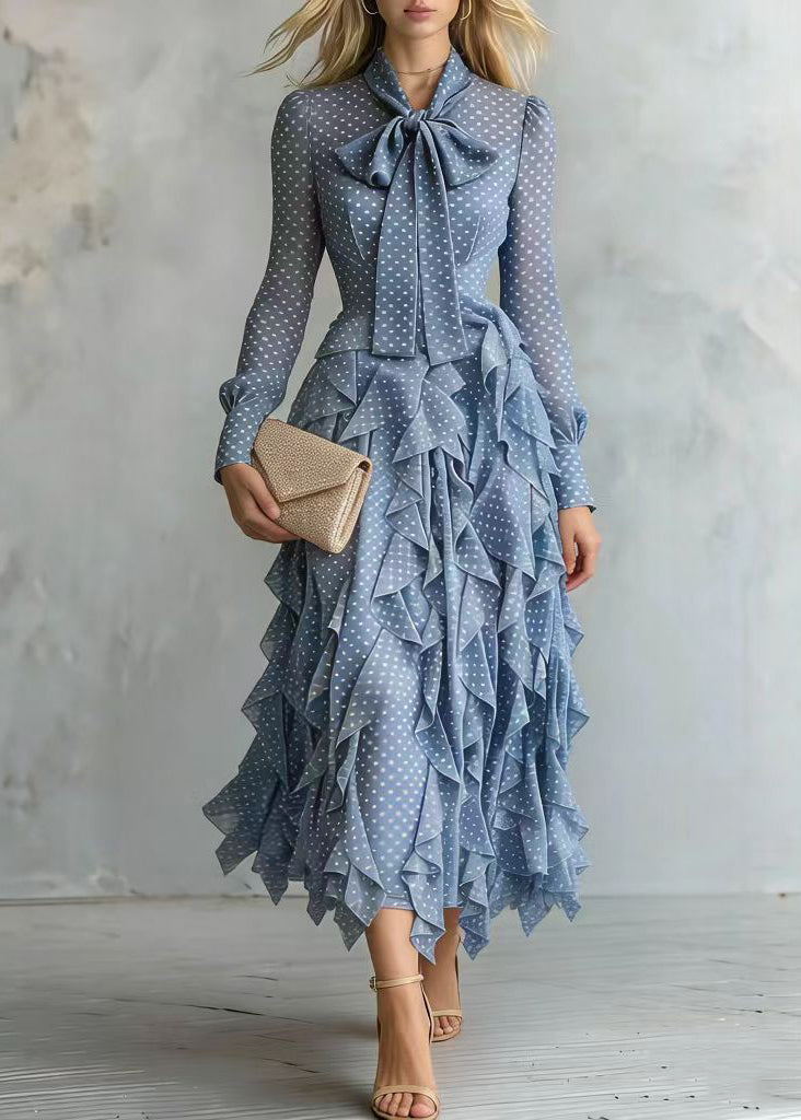 Polka Dot Bow Neck Tie Waist Tiered Ruffle Long Sleeve Midi Dress