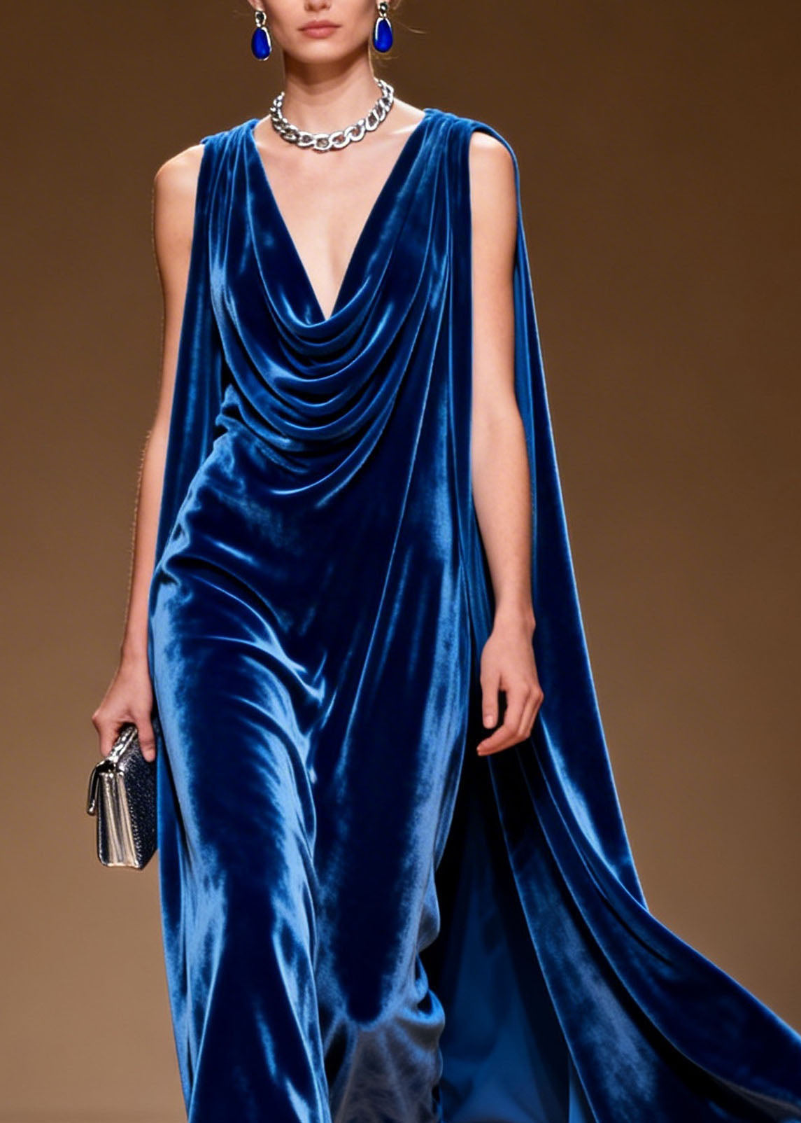 Velvet Cowl Neck Cape Back Floral Fringe Trim A-Line Maxi Gown