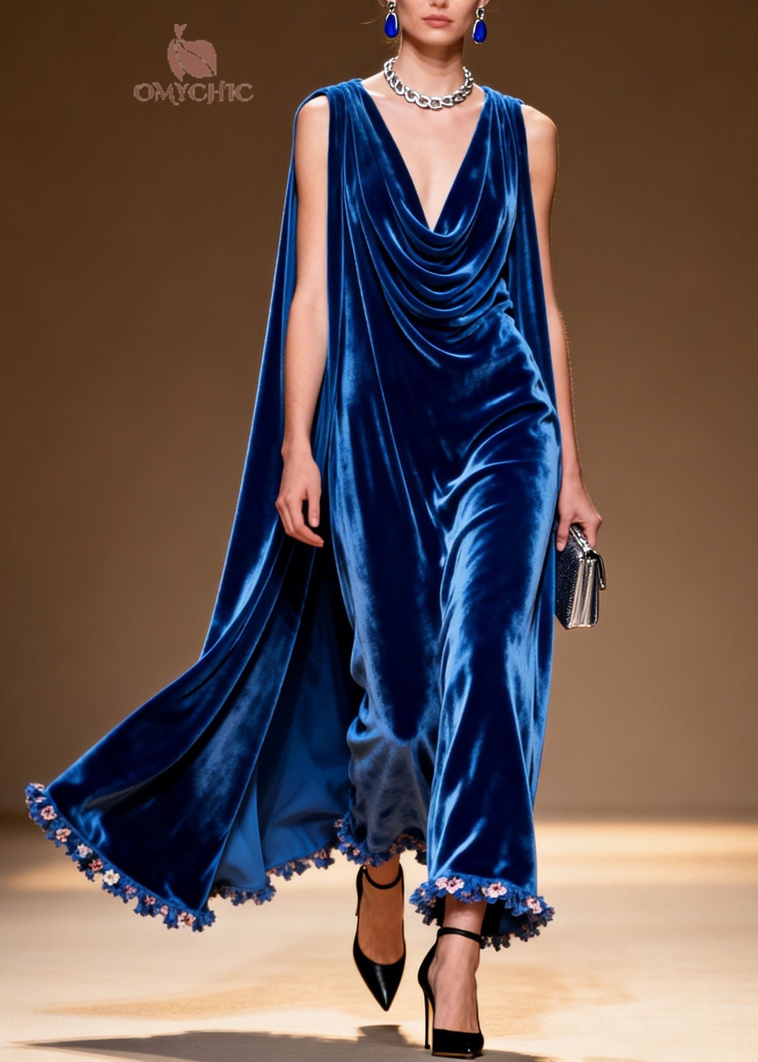 Velvet Cowl Neck Cape Back Floral Fringe Trim A-Line Maxi Gown
