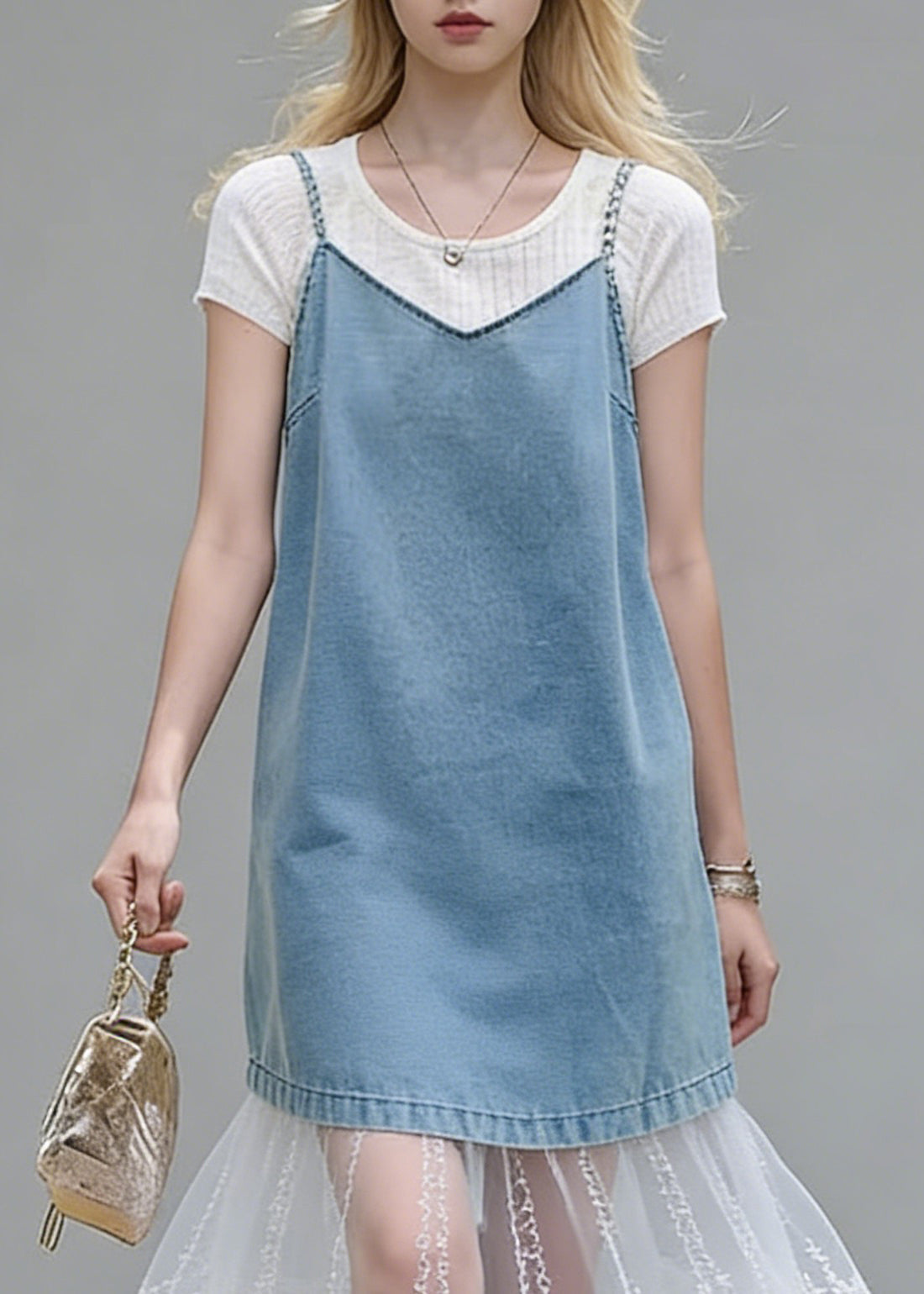 Short Sleeve Ribbed Tee and Denim-Look Lace Hem Slip Dress Two Piece Set 2