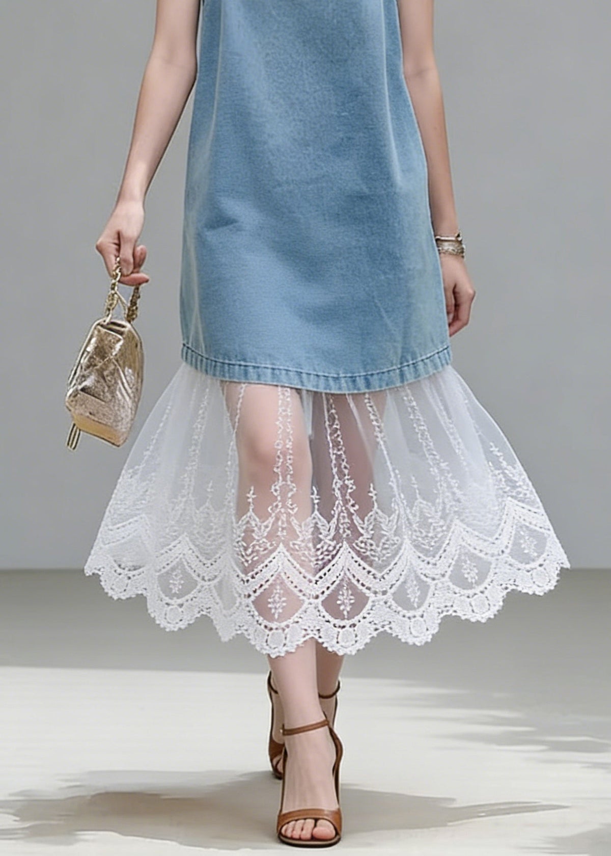 Short Sleeve Ribbed Tee and Denim-Look Lace Hem Slip Dress Two Piece Set 4