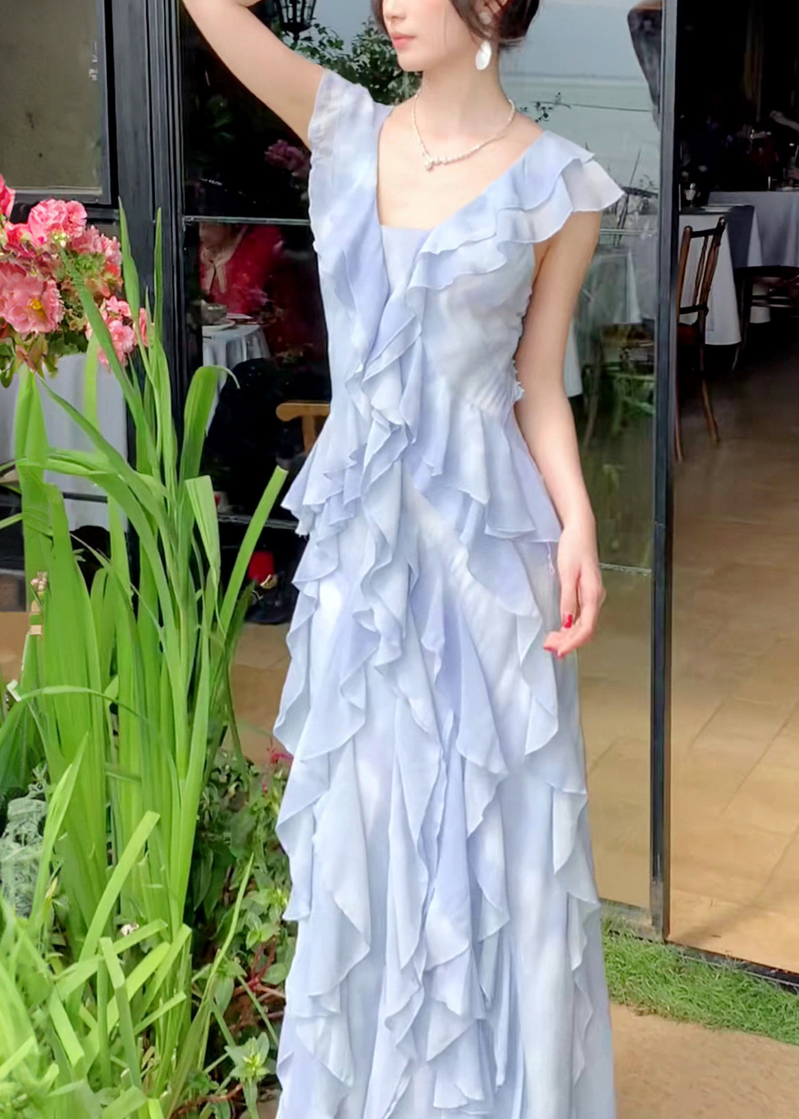 Stylish Blue Ruffled Tie Dye Chiffon Dress Summer