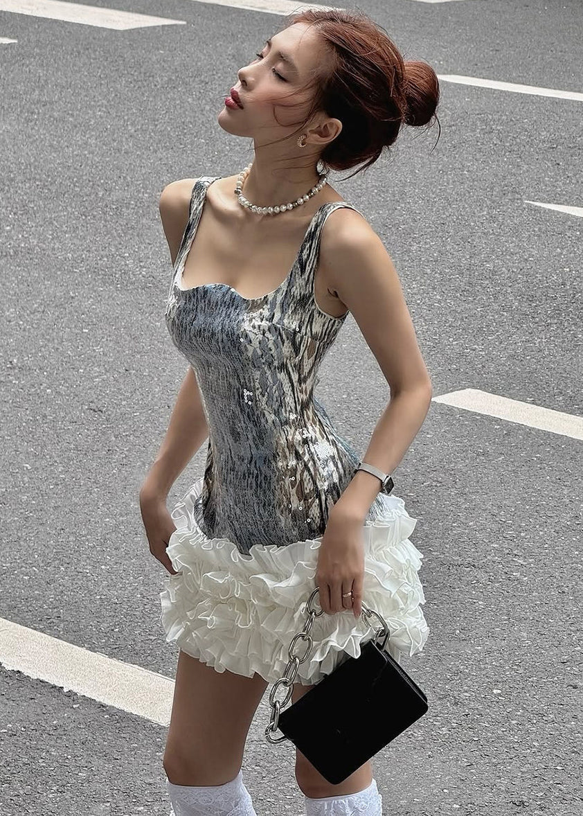 Sequin Square Neck Sleeveless Ruffle Fit and Flare Mini Party Dress