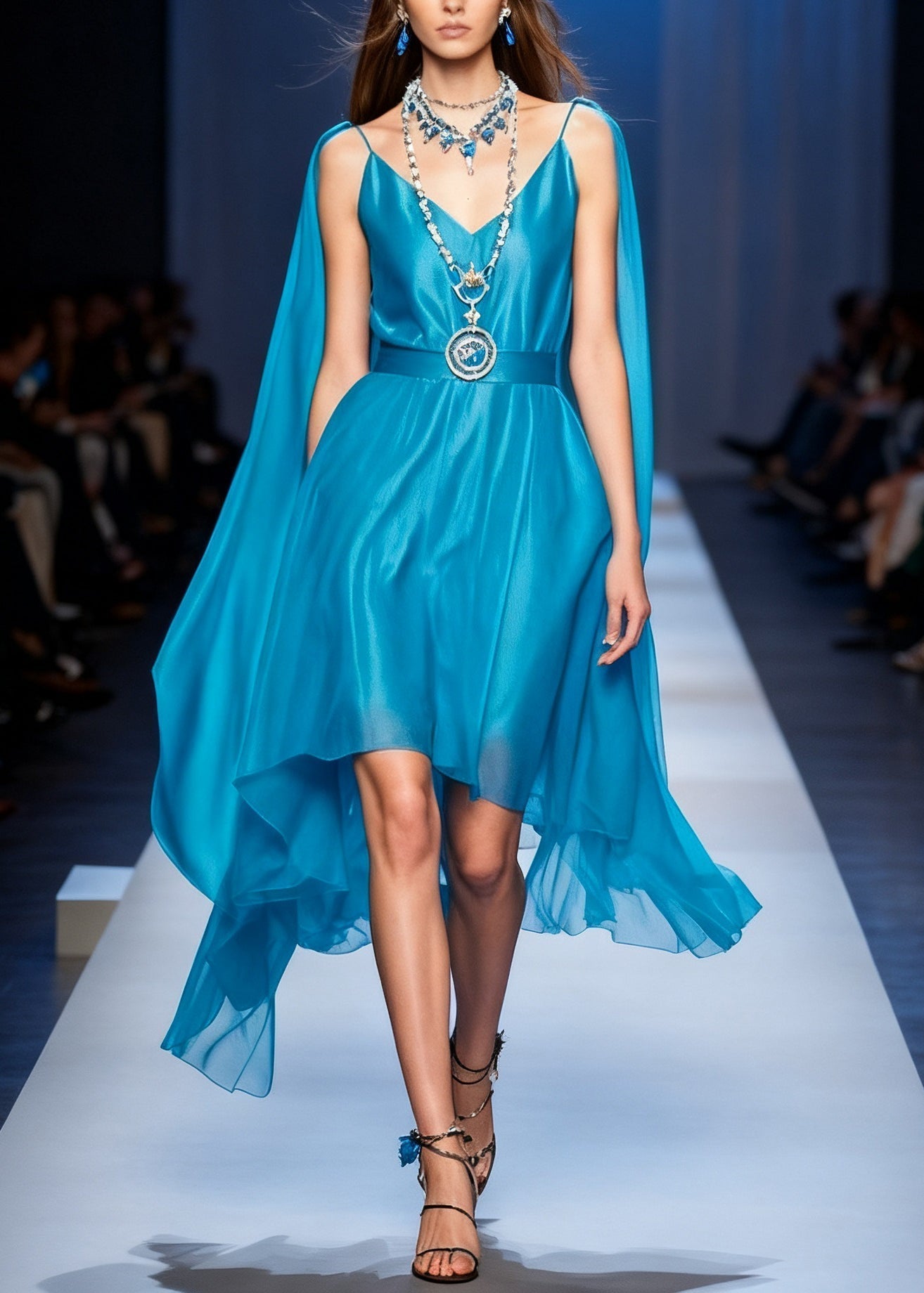 Spaghetti Strap Deep V-Neck Chiffon Belted High Low Cape Maxi Dress