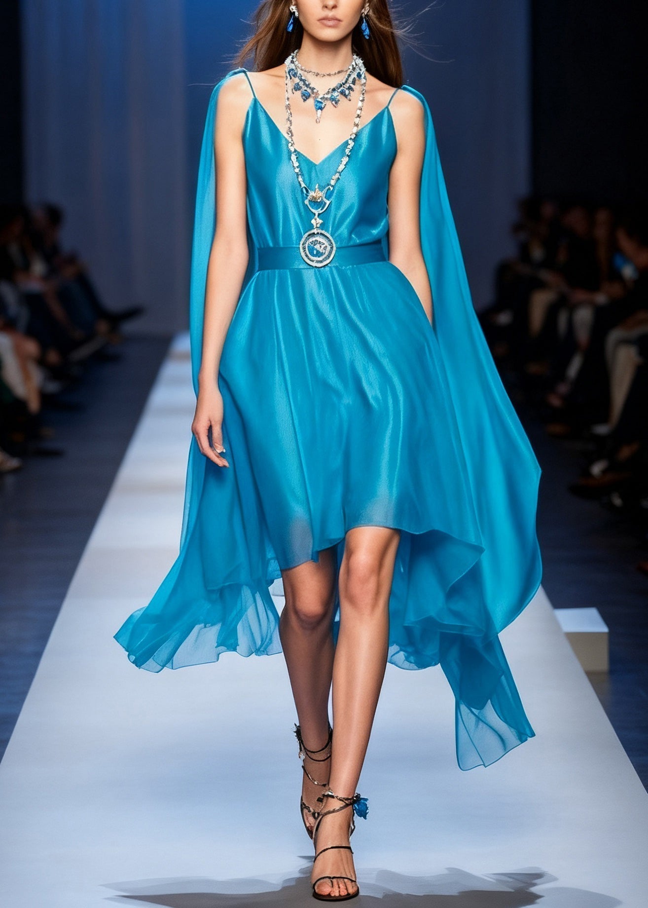 Spaghetti Strap Deep V-Neck Chiffon Belted High Low Cape Maxi Dress