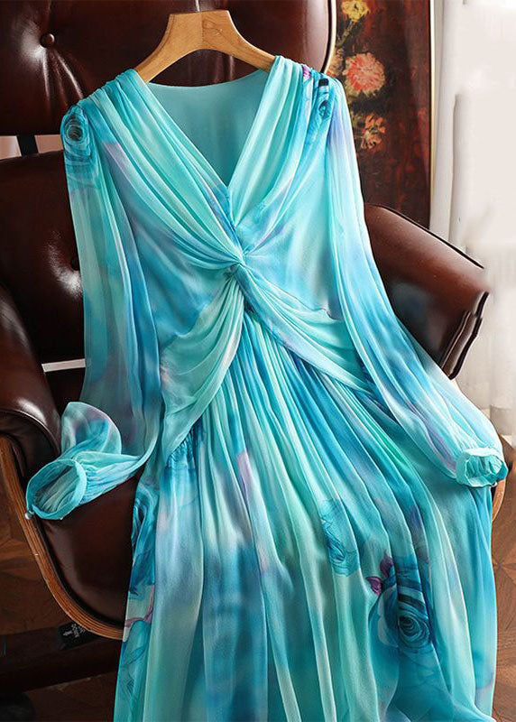 Chiffon Floral Print Deep V-Neck Twist Front Pleated Long Sleeve Maxi Dress