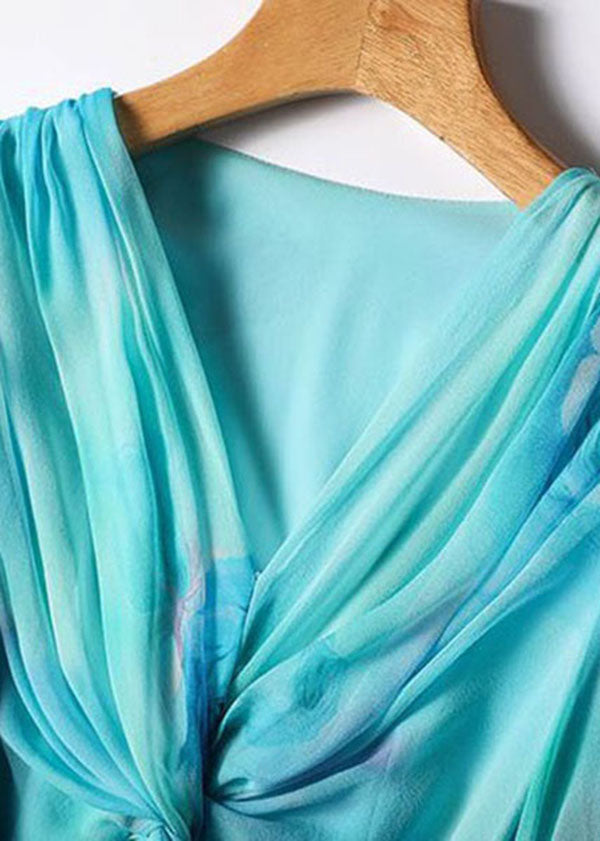 Chiffon Floral Print Deep V-Neck Twist Front Pleated Long Sleeve Maxi Dress