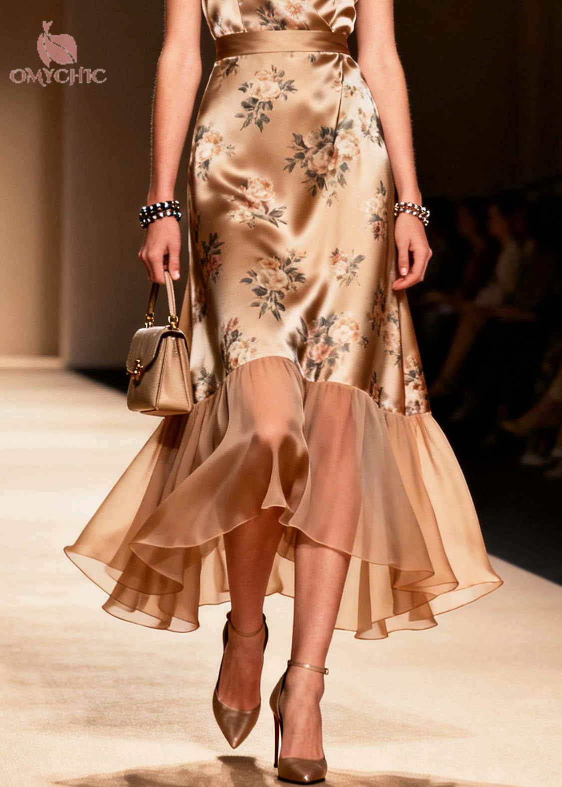 Satin Floral Print Deep V-Neck Wrap Cap Sleeve Belted Tulle Ruffle Hem Midi Dress