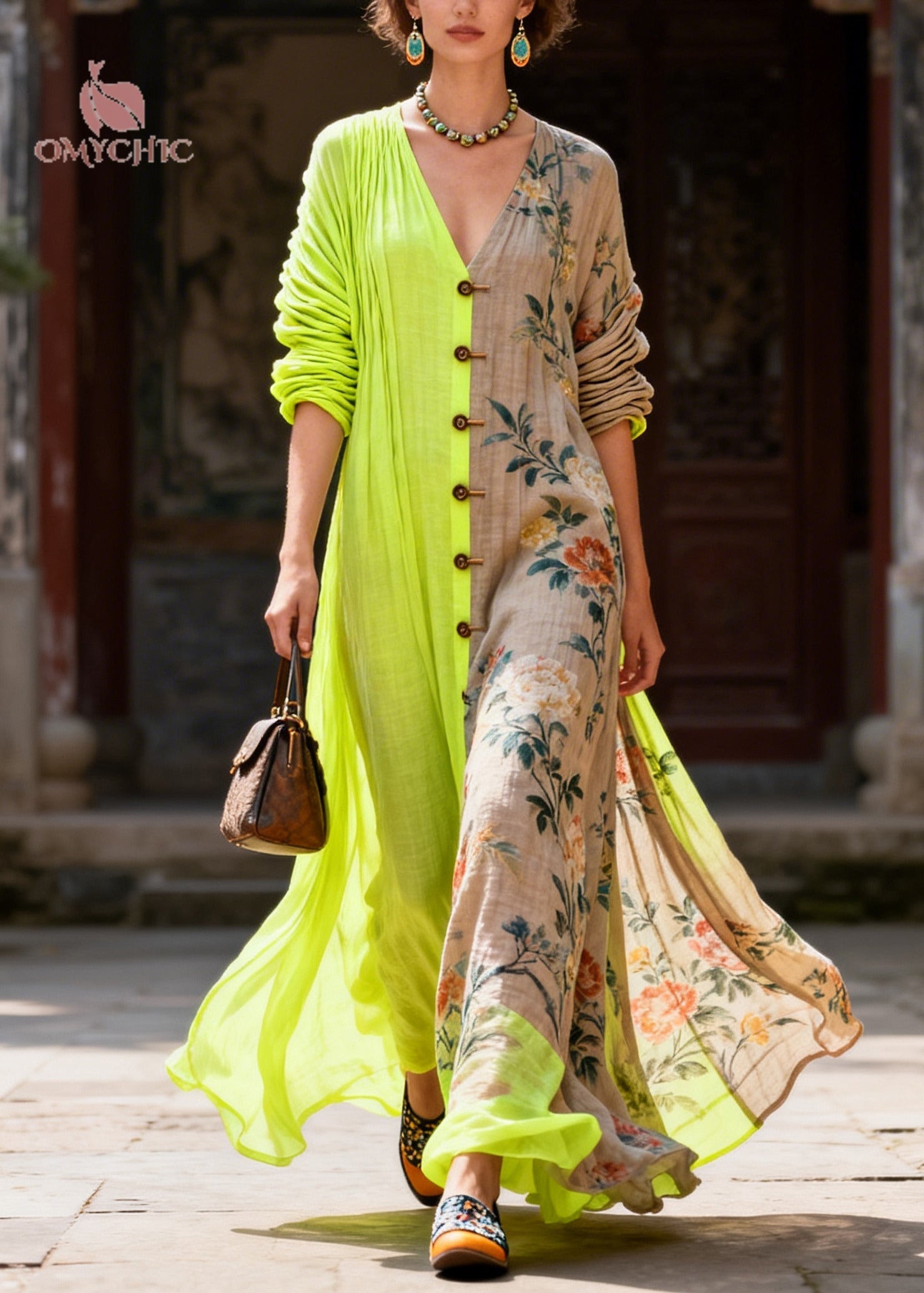 Stylish Colorblock Asymmetrical Patchwork Print Cotton Maxi Dress Summer