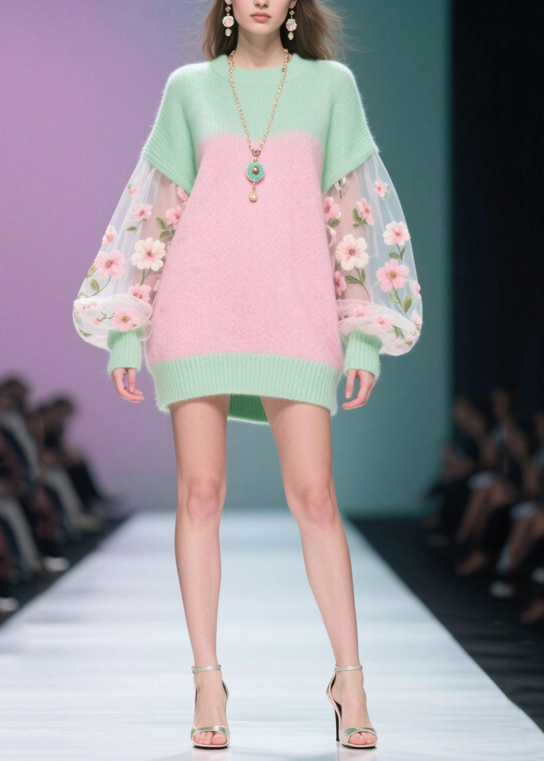 Knit Sheer Mesh Floral Embroidered Balloon Sleeve Ribbed Trim Mini Sweater Dress