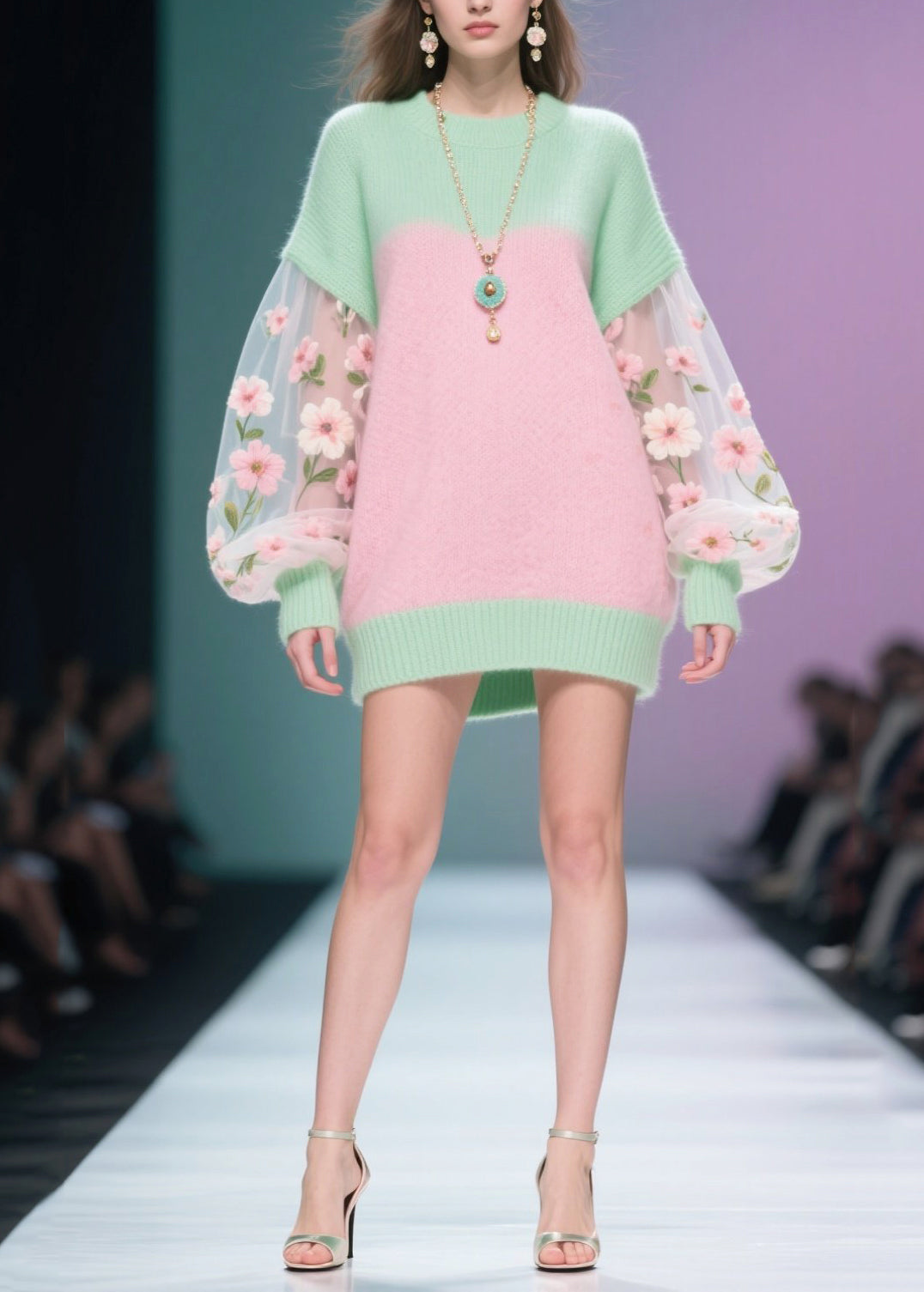 Knit Sheer Mesh Floral Embroidered Balloon Sleeve Ribbed Trim Mini Sweater Dress