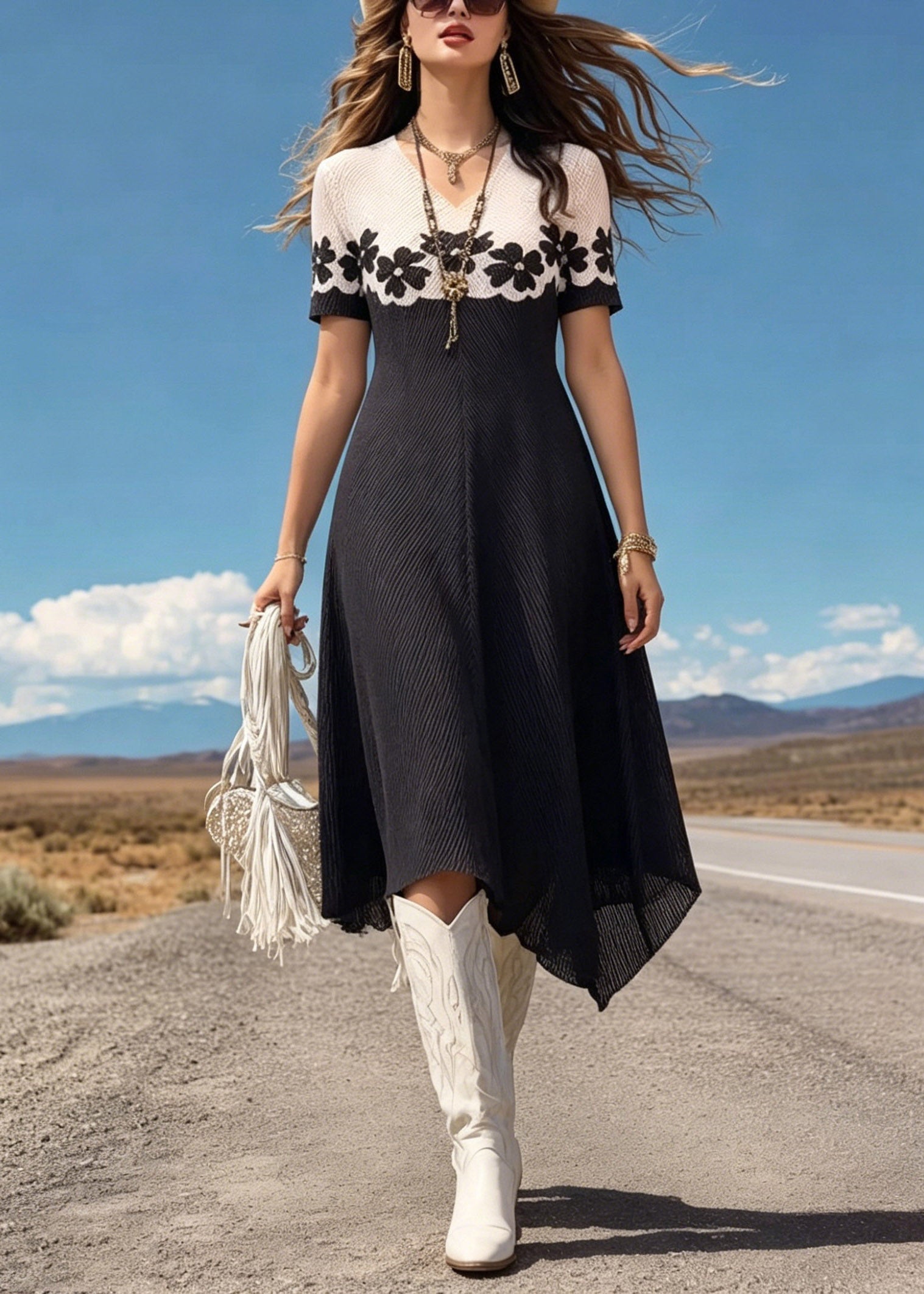 Colorblock Rib Knit Floral Border V-Neck Short Sleeve Asymmetric Hem Midi Dress