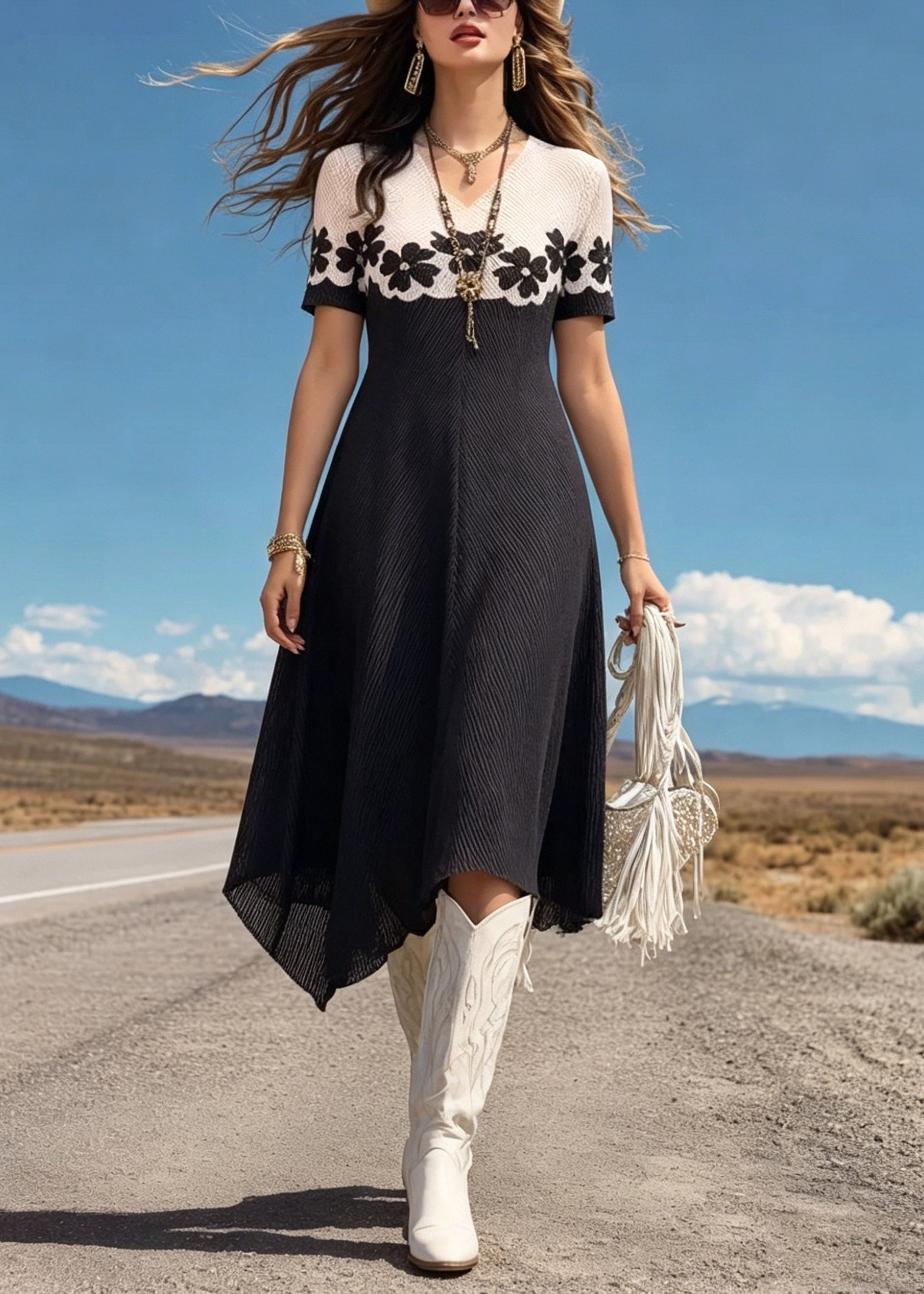 Colorblock Rib Knit Floral Border V-Neck Short Sleeve Asymmetric Hem Midi Dress