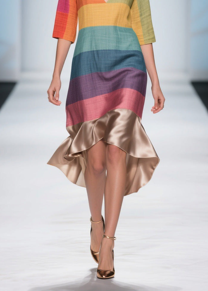 Striped Deep V-Neck Elbow Sleeve Metallic Satin Flounce High Low Midi Dress
