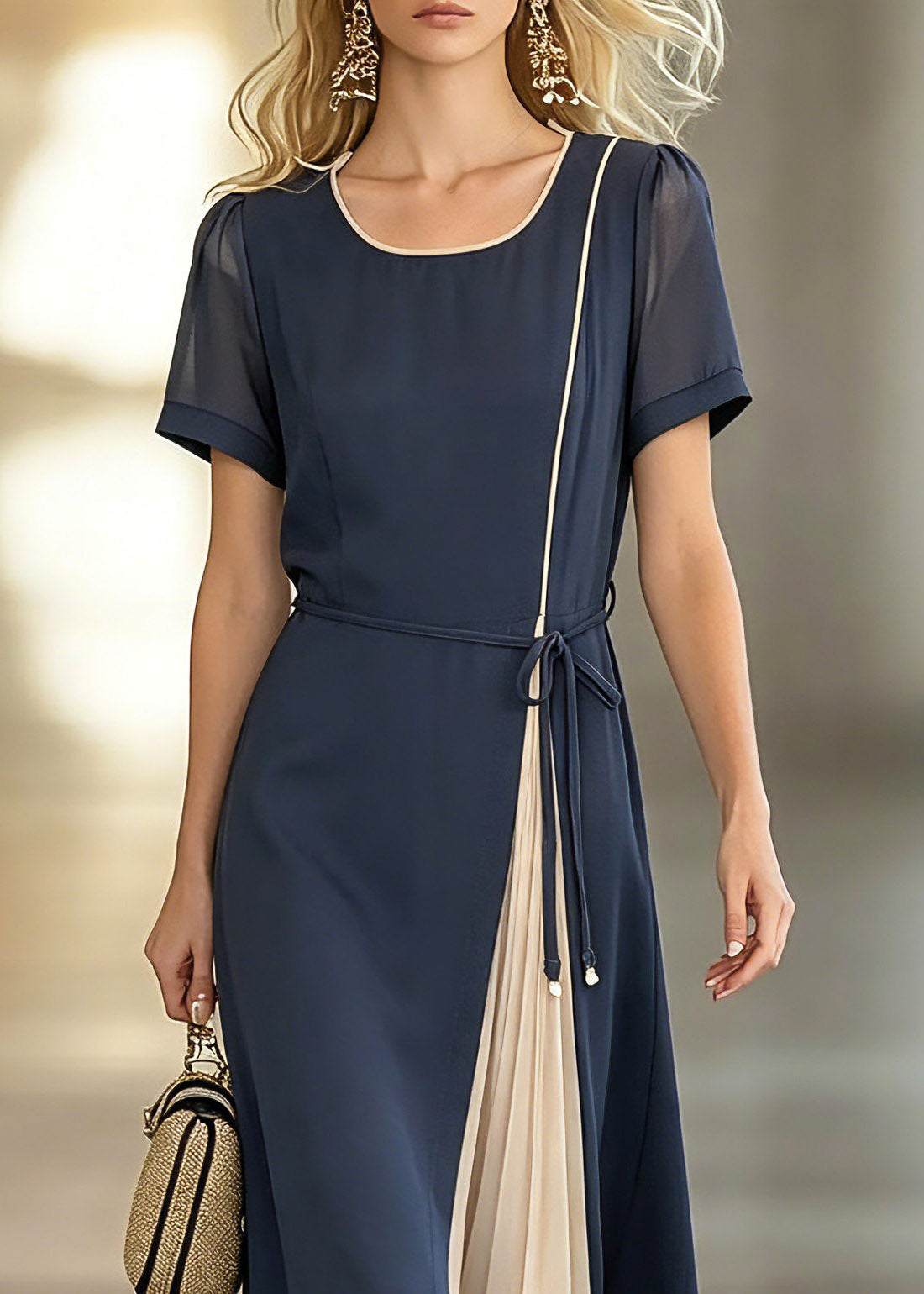 Stylish Dark Blue O-Neck Asymmetrical Patchwork Tie Waist Chiffon Maxi Dresses Short Sleeve - View 2