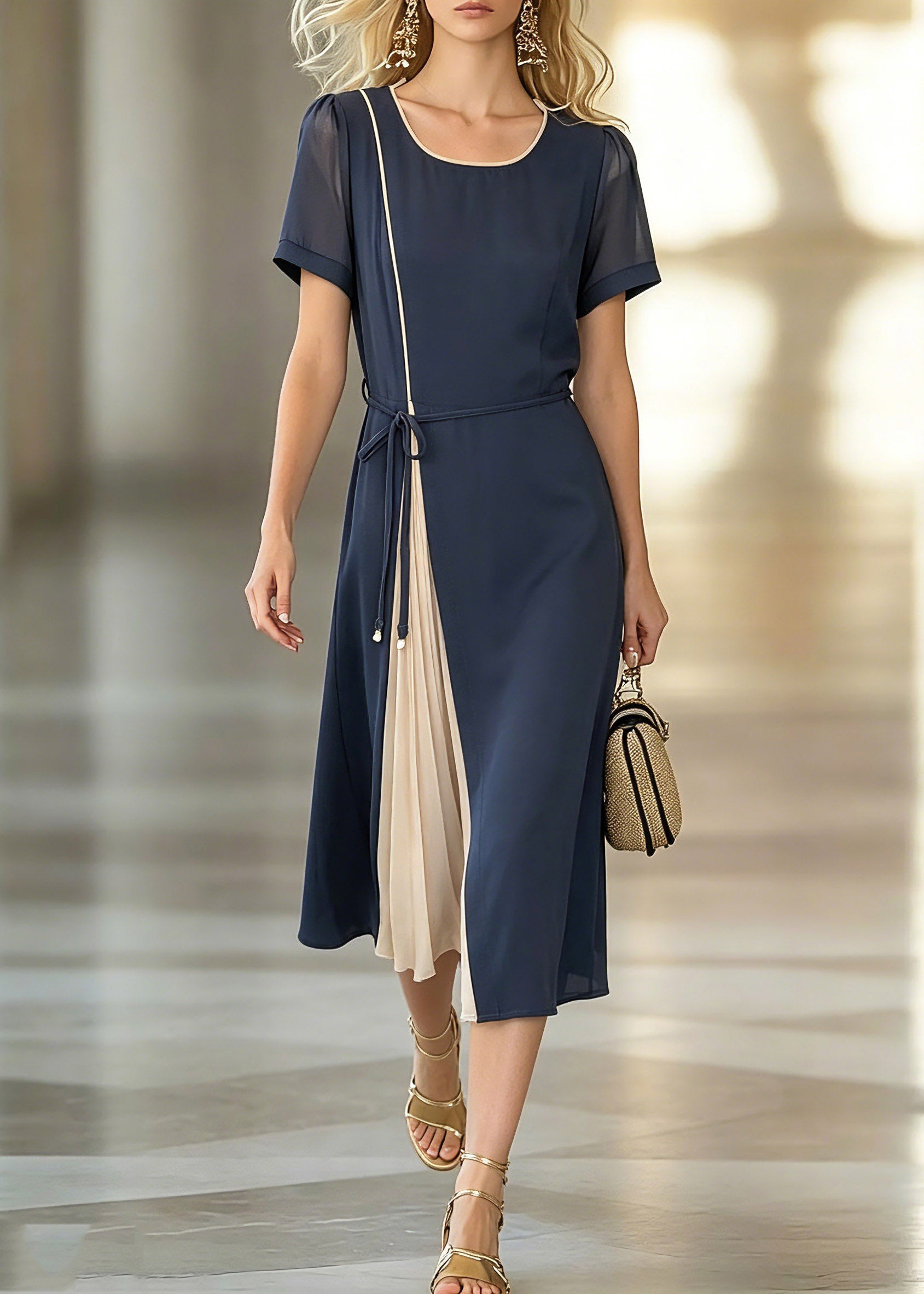 Stylish Dark Blue O-Neck Asymmetrical Patchwork Tie Waist Chiffon Maxi Dresses Short Sleeve - View 3