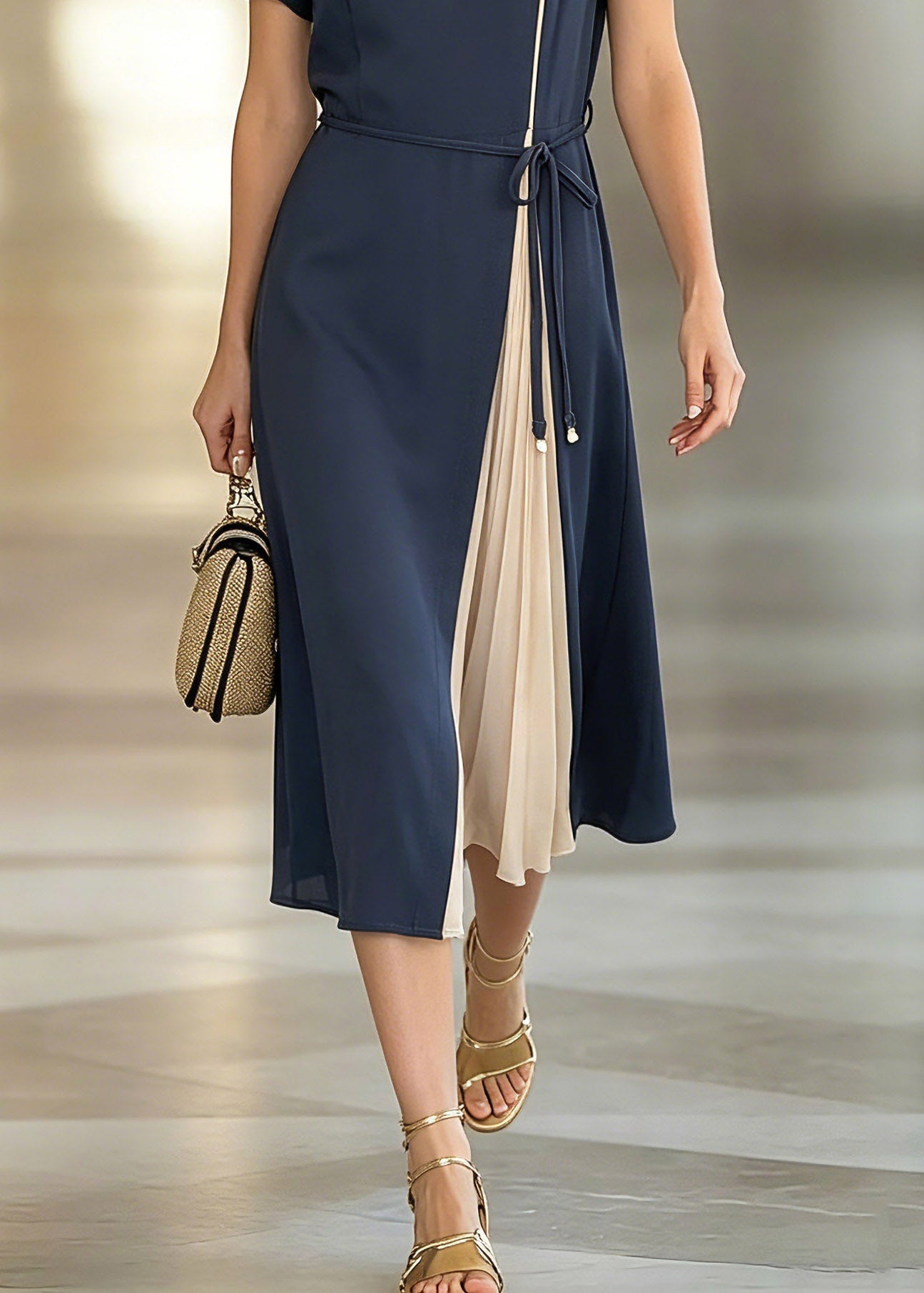 Stylish Dark Blue O-Neck Asymmetrical Patchwork Tie Waist Chiffon Maxi Dresses Short Sleeve - View 4