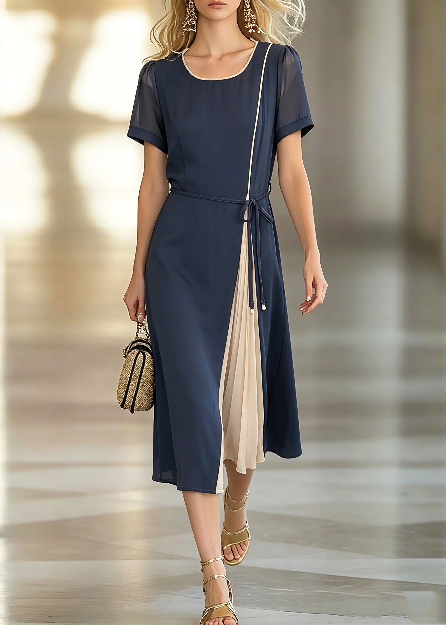 Stylish Dark Blue O-Neck Asymmetrical Patchwork Tie Waist Chiffon Maxi Dresses Short Sleeve - View 5