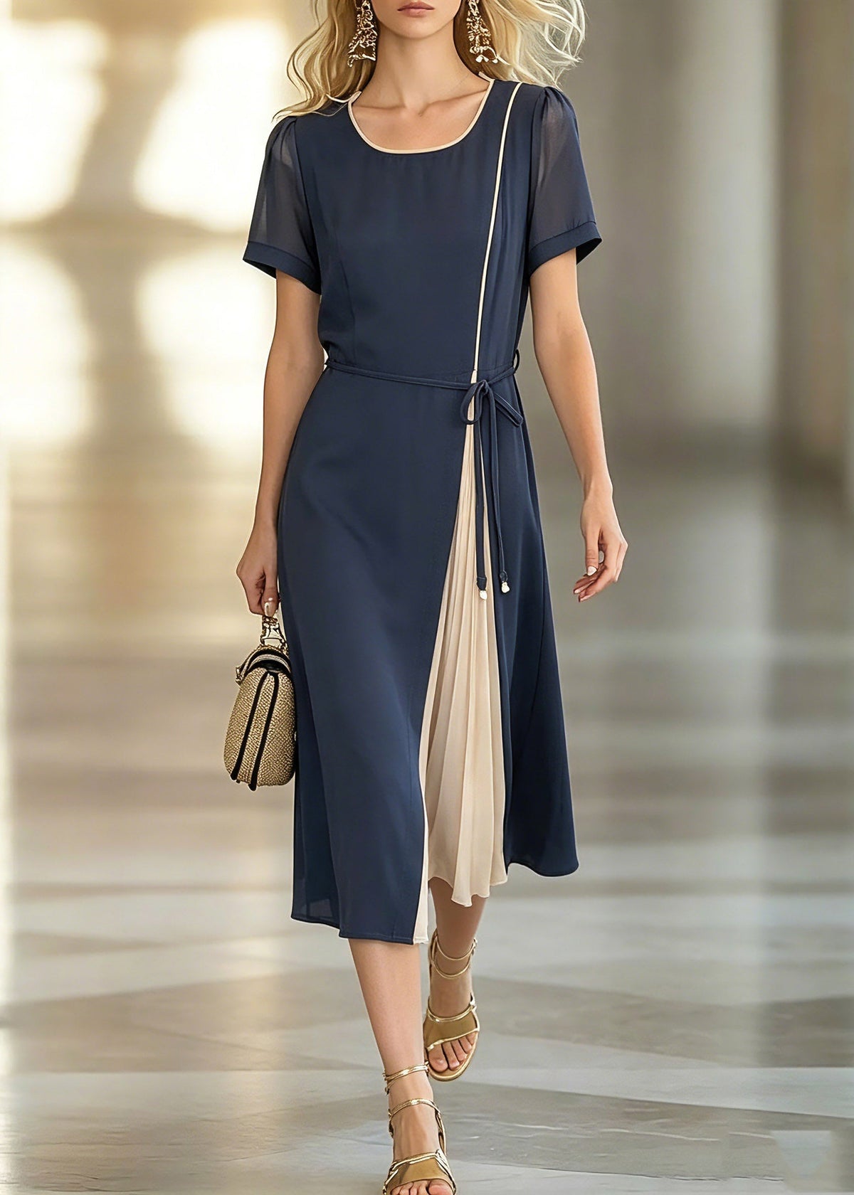 Round Neck Short Sleeve Contrast Pleated Panel Tie Waist Midi Dress 5