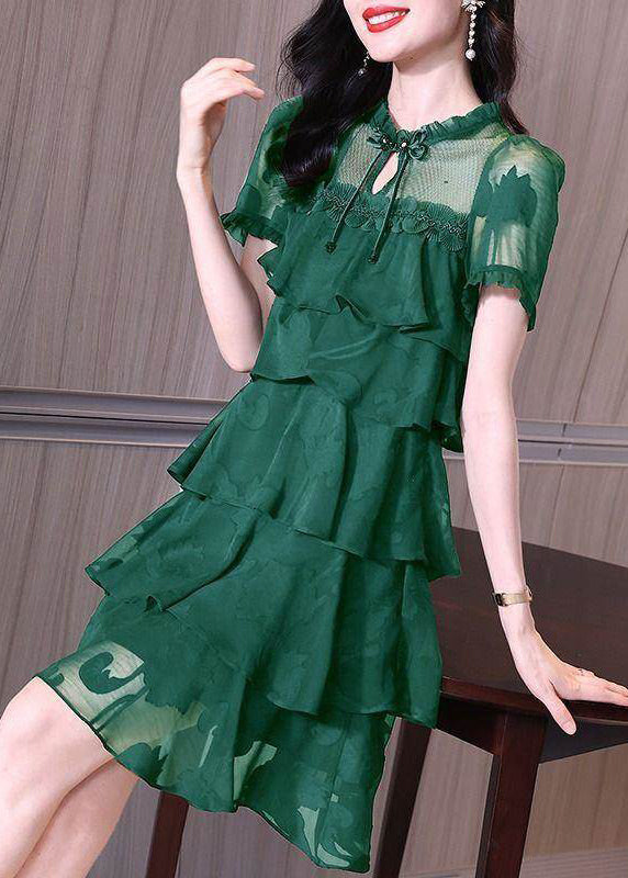 Tiered Ruffle Short Sleeve Lace Yoke Tie Neck Chiffon Knee Length Dress