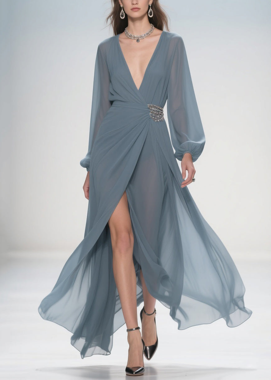 Chiffon Deep V-Neck Rhinestone Waist Wrap High Split Maxi Gown