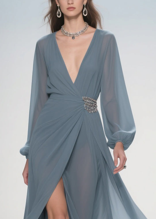 Chiffon Deep V-Neck Rhinestone Waist Wrap High Split Maxi Gown