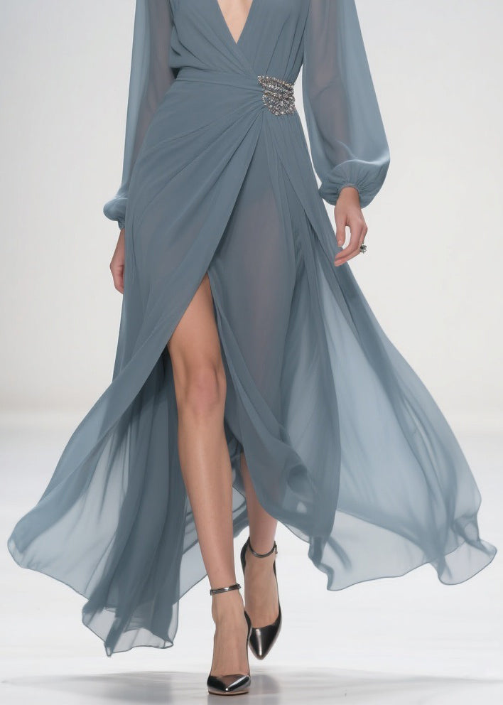 Chiffon Deep V-Neck Rhinestone Waist Wrap High Split Maxi Gown