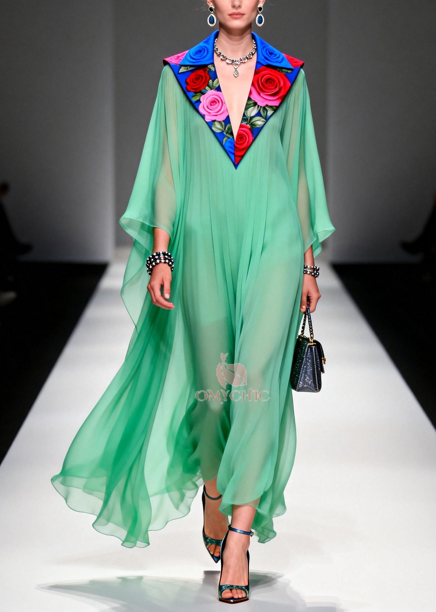 Pleated Sheer Chiffon Floral Embroidered Collar Deep V-Neck Cape Sleeve Maxi Gown