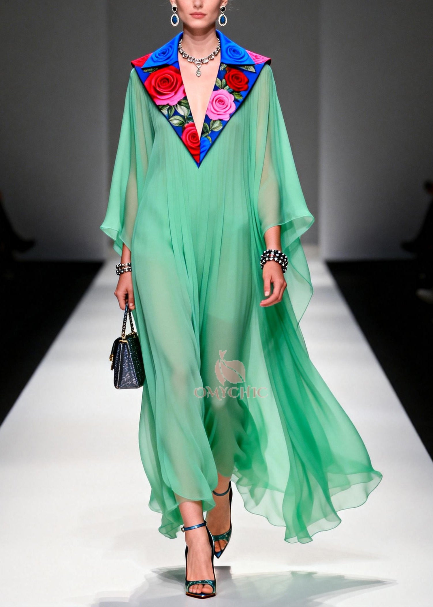 Pleated Sheer Chiffon Floral Embroidered Collar Deep V-Neck Cape Sleeve Maxi Gown