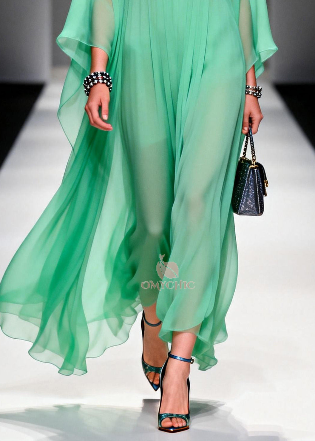 Pleated Sheer Chiffon Floral Embroidered Collar Deep V-Neck Cape Sleeve Maxi Gown