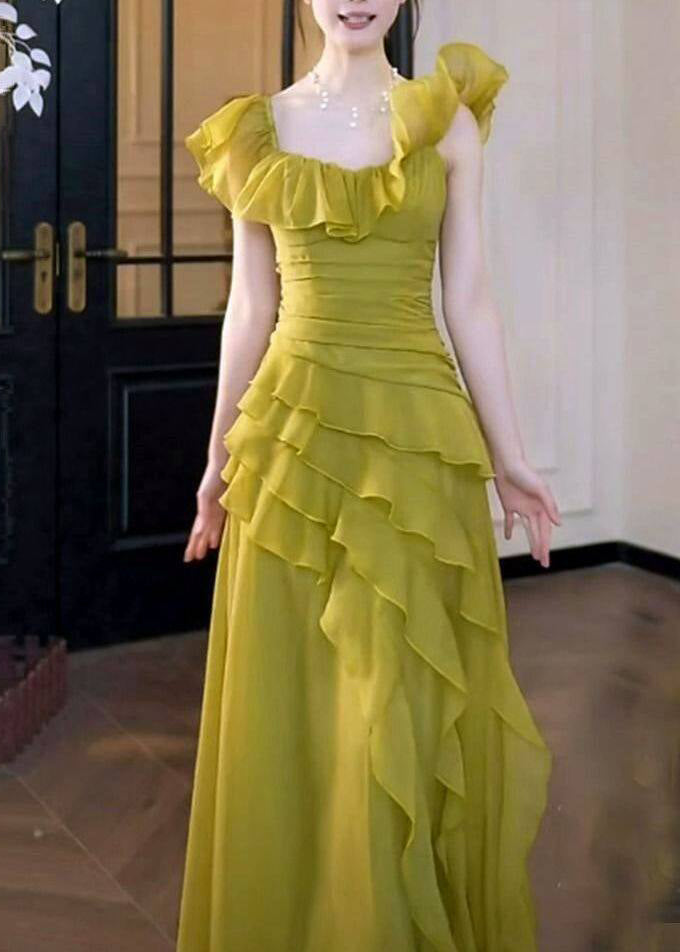 Stylish Grass Green Ruffled Asymmetrical Design Chiffon Party Dress Summer 2
