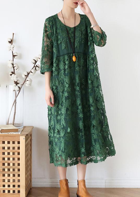 Lace Floral Embroidered Overlay Three Quarter Sleeve Round Neck Midi Dress