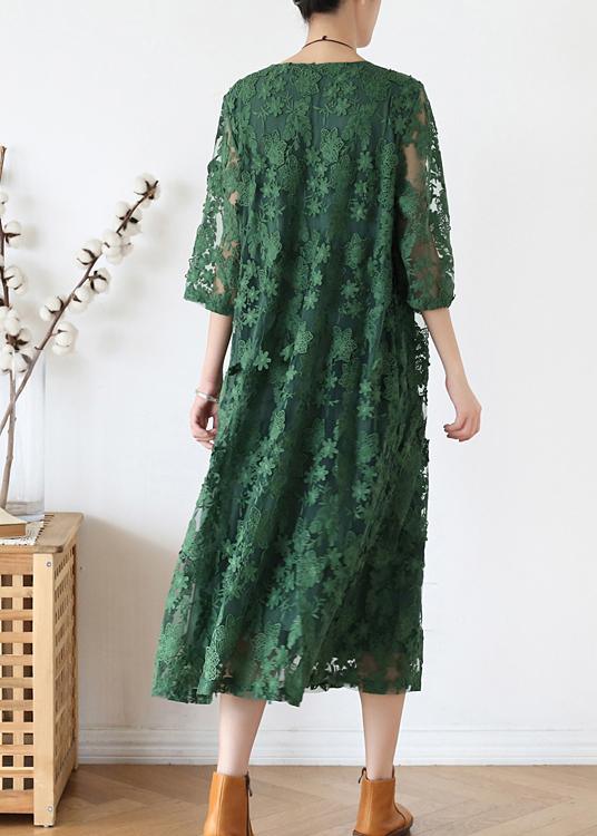 Lace Floral Embroidered Overlay Three Quarter Sleeve Round Neck Midi Dress