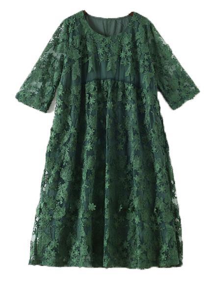 Lace Floral Embroidered Overlay Three Quarter Sleeve Round Neck Midi Dress