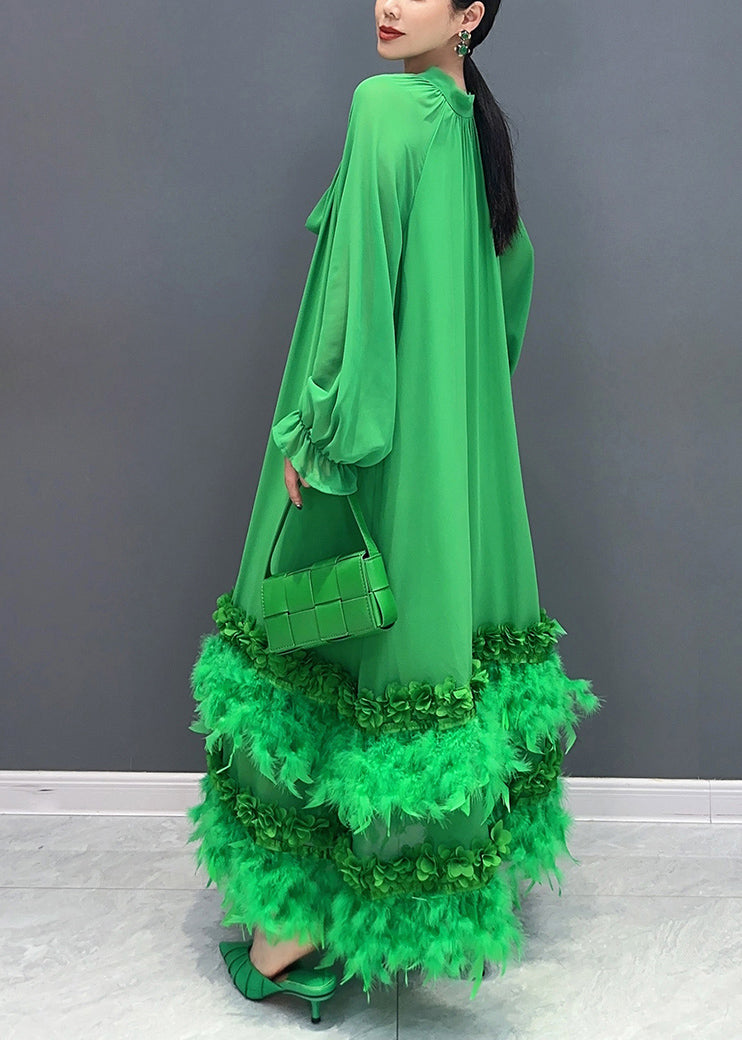 Stylish Green Feather Lace Up Patchwork Chiffon Maxi Dress Long Sleeve - View 5