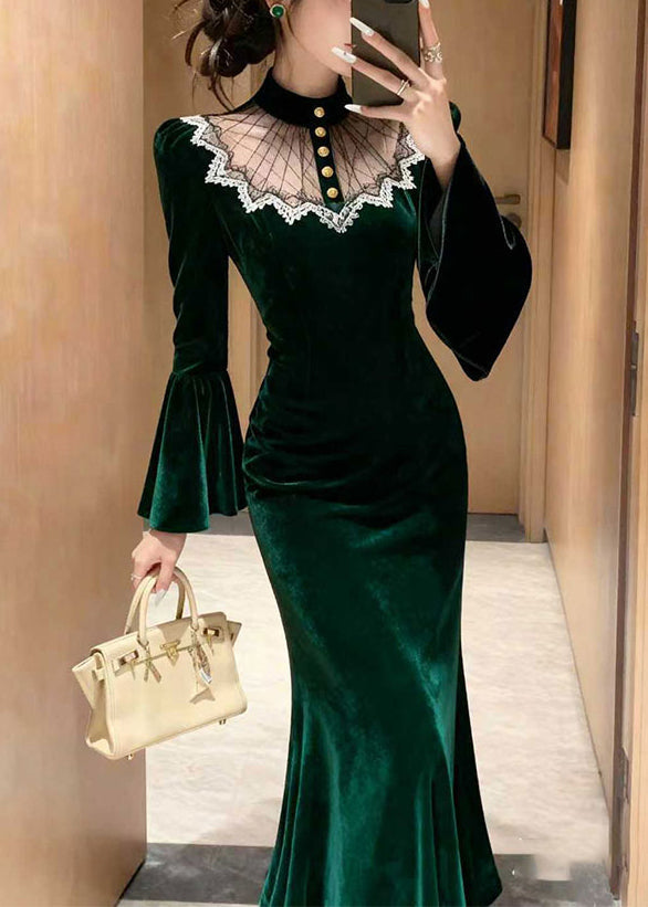 Velvet Mock Neck Mesh Lace Trim Bell Sleeve Mermaid Maxi Gown