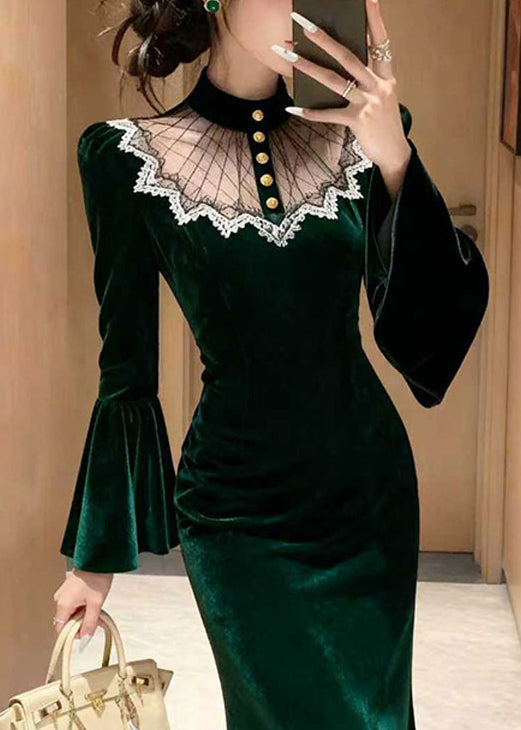 Velvet Mock Neck Mesh Lace Trim Bell Sleeve Mermaid Maxi Gown