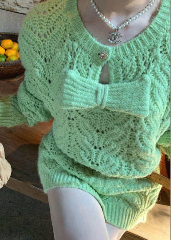 Stylish Green O Neck Bow Patchwork Mid Knit Dress Spring
