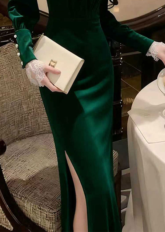 Satin Rhinestone Mock Neck Long Sleeve Lace Cuff High Split Maxi Gown