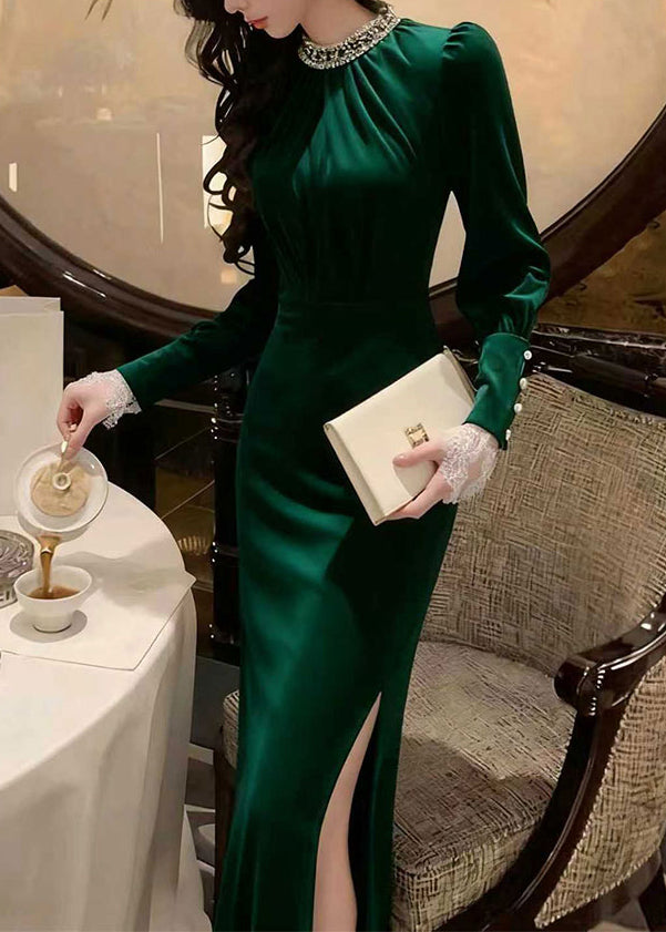 Satin Rhinestone Mock Neck Long Sleeve Lace Cuff High Split Maxi Gown