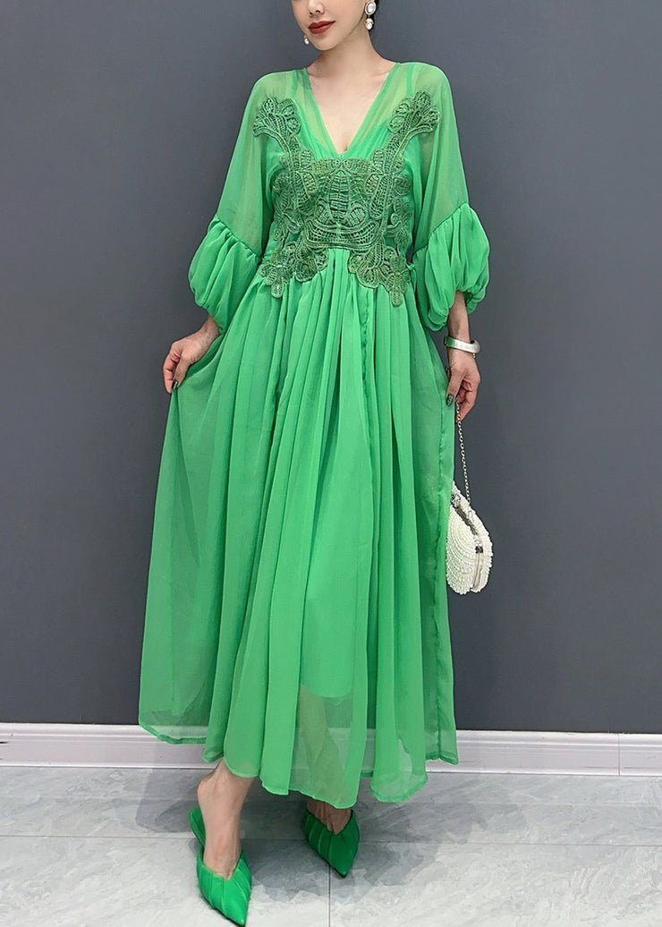 Chiffon Deep V-Neck Balloon Sleeve Lace Appliqué Pleated Waist Maxi Dress